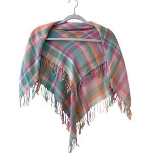Vintage Pastel Multicolor Plaid Fringe Scarf Wrap - Lightweight Soft Cotton